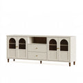 Buffet de rangement 180 cm en bois beige avec portes en cannage style rétro
