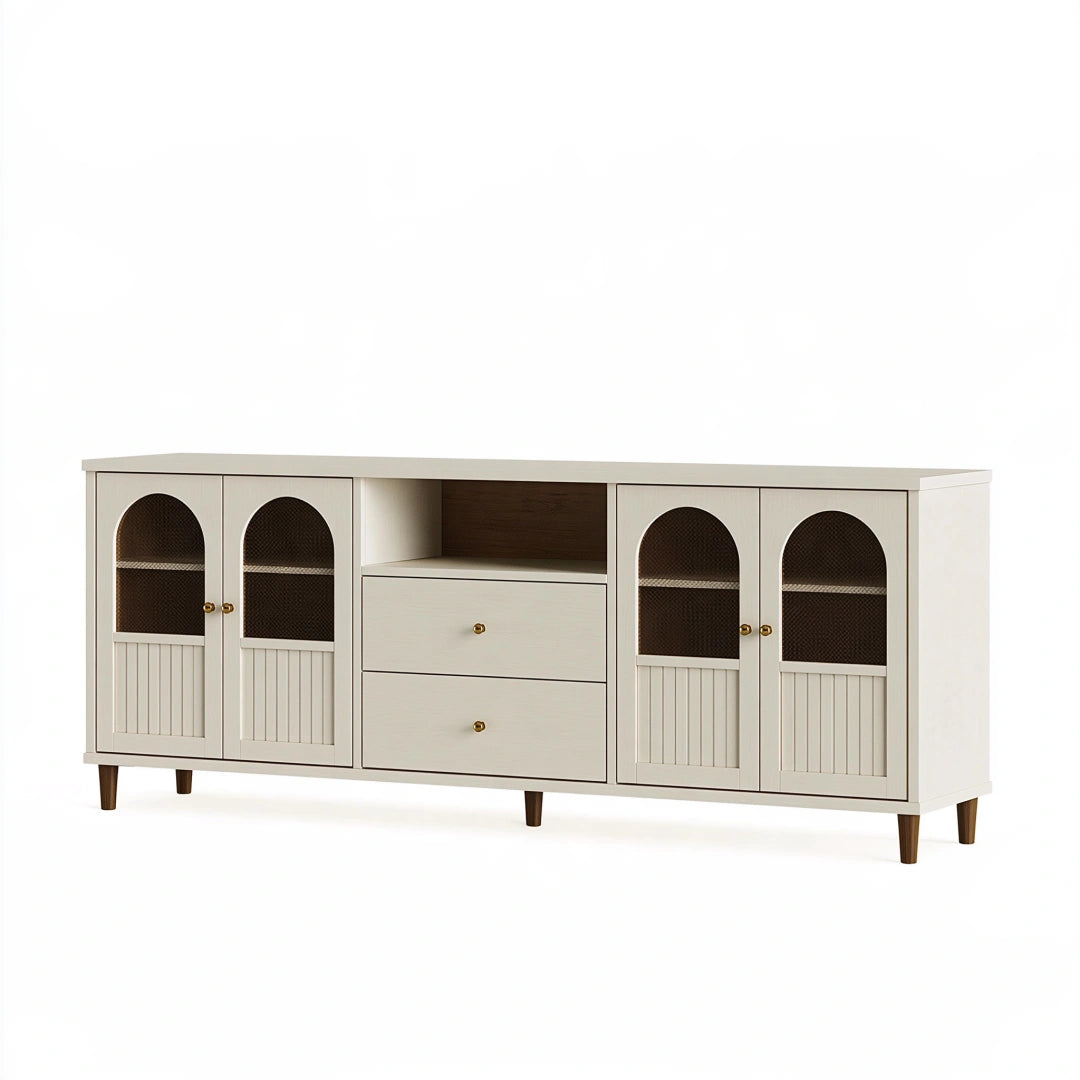 Buffet de rangement 180 cm en bois beige avec portes en cannage style rétro
