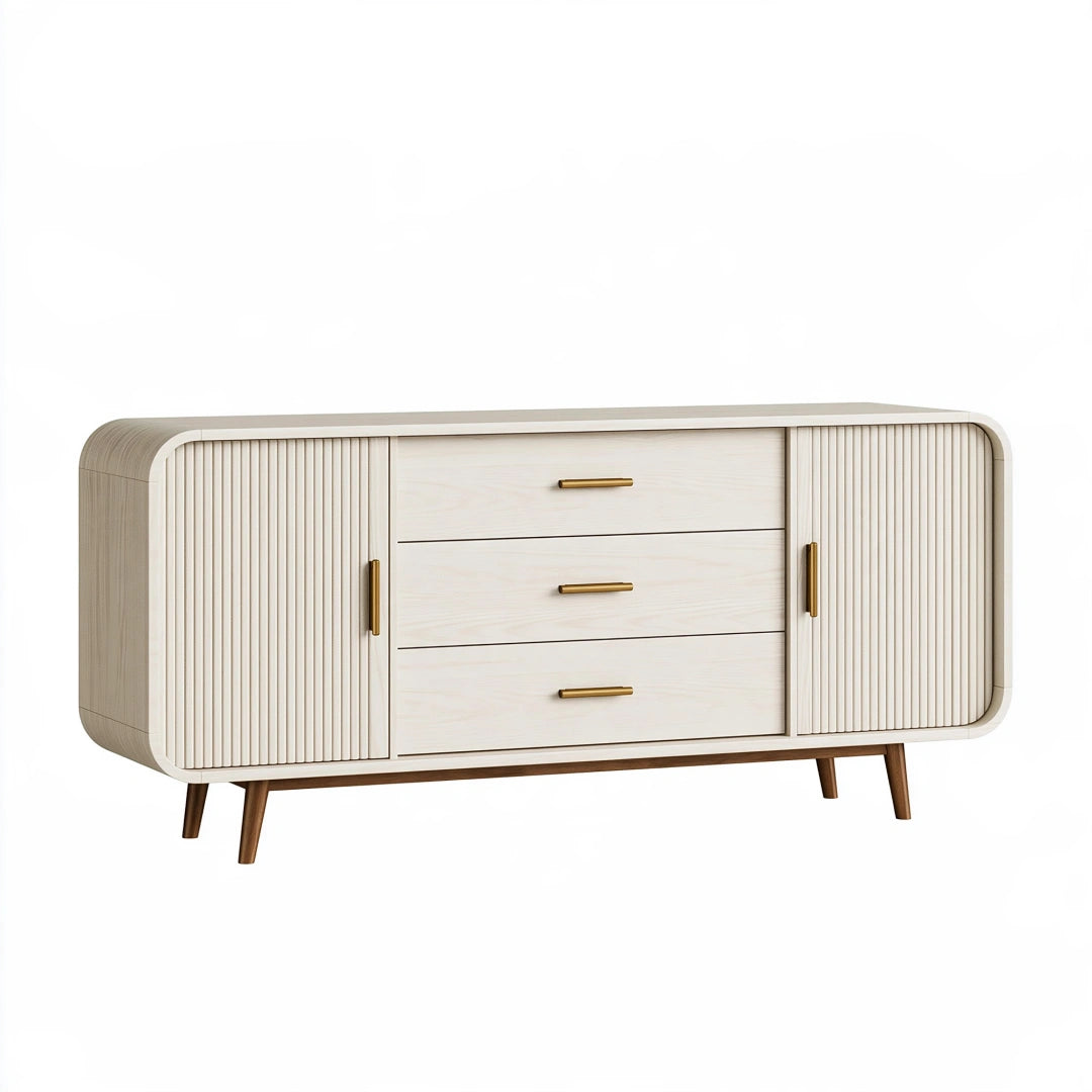 Buffet 160 x 40 x 80 cm en bois beige avec 3 tiroirs et portes coulissantes style moderne