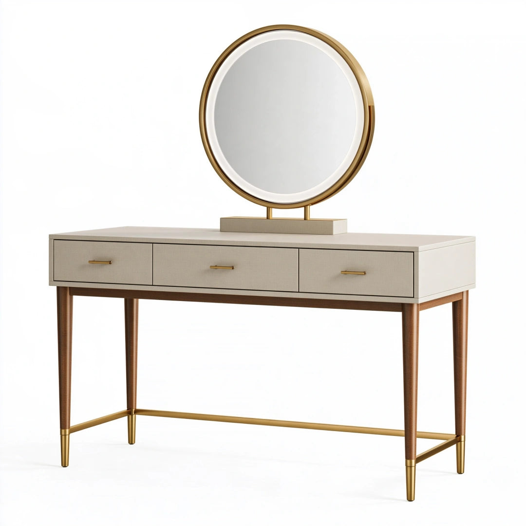 Coiffeuse 120 x 45 x 140 cm avec miroir panneaux aspect bois blanc cassé et métal doré style contemporain