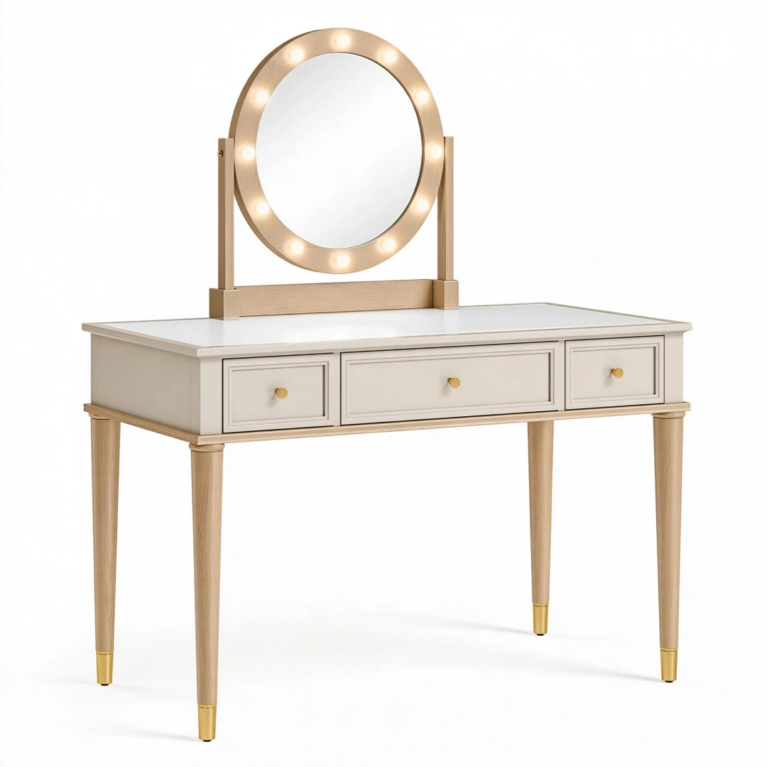 Coiffeuse 100 x 45 x 145 cm en bois beige avec miroir lumineux et 3 tiroirs