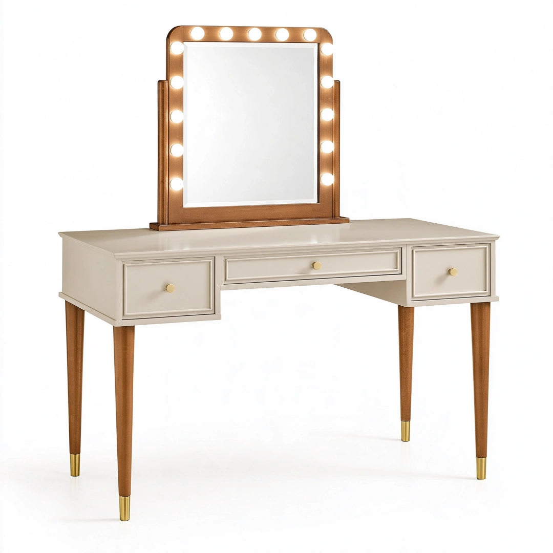 Coiffeuse 120 cm en bois beige et noyer avec miroir lumineux style classique