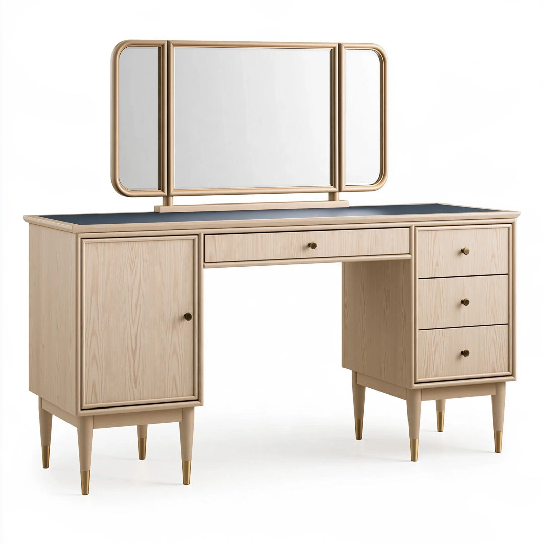 Coiffeuse avec miroir 120 x 45 x 150 cm en bois beige et noir style rétro avec rangements