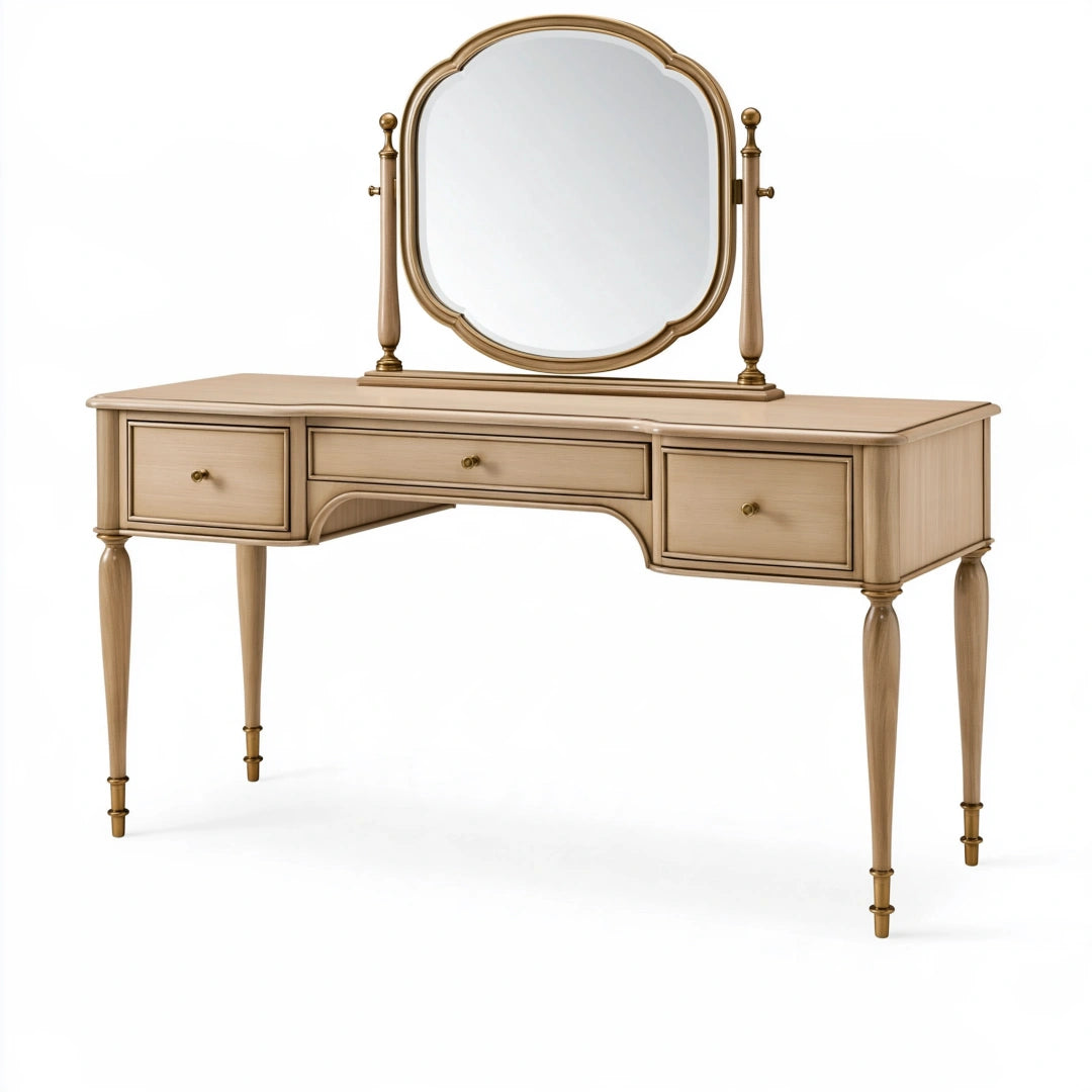 Coiffeuse 120 cm x 45 cm x 145 cm en bois beige avec miroir pivotant et 3 tiroirs style classique