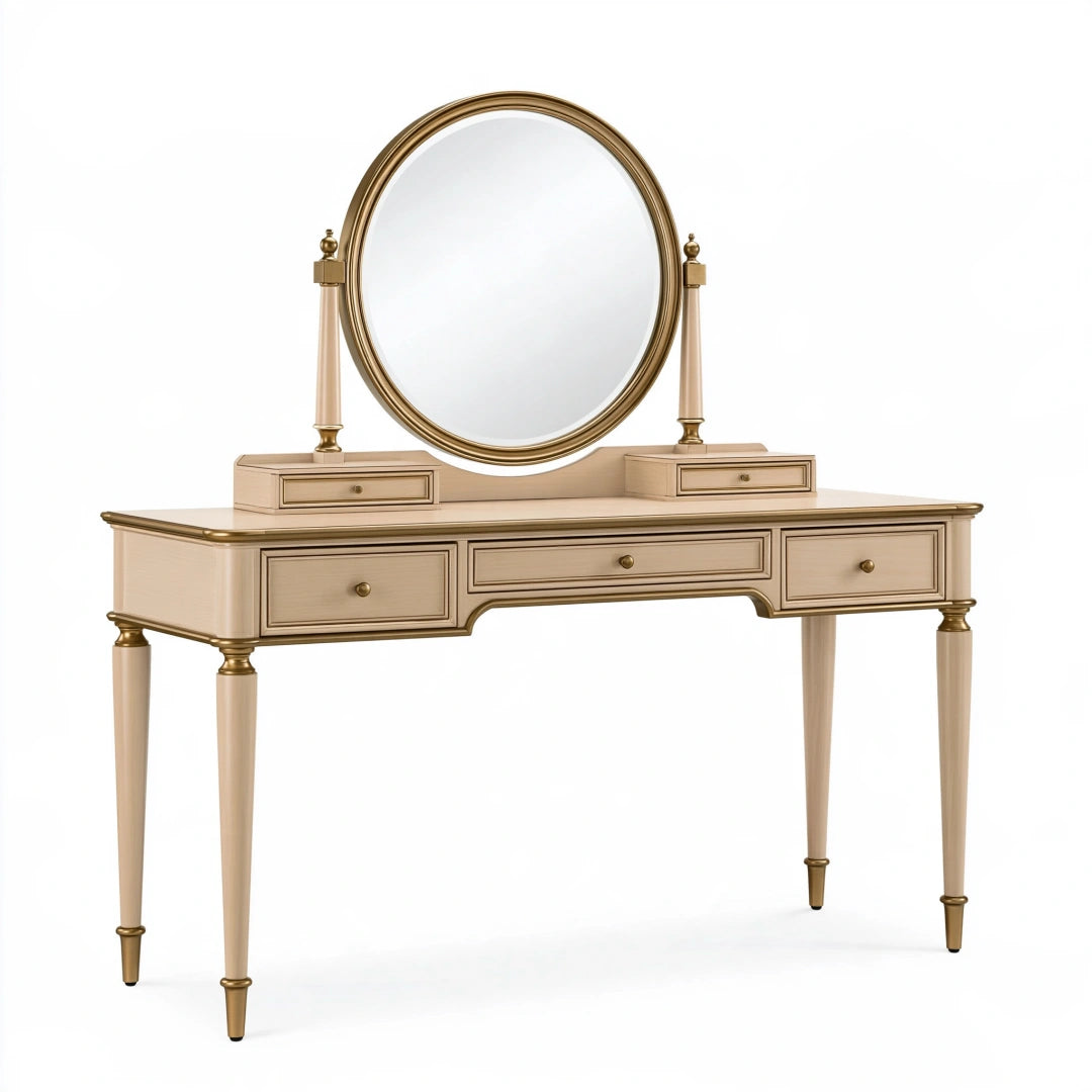 Coiffeuse avec miroir 120 x 50 x 150 cm en bois beige et doré style classique avec tiroirs