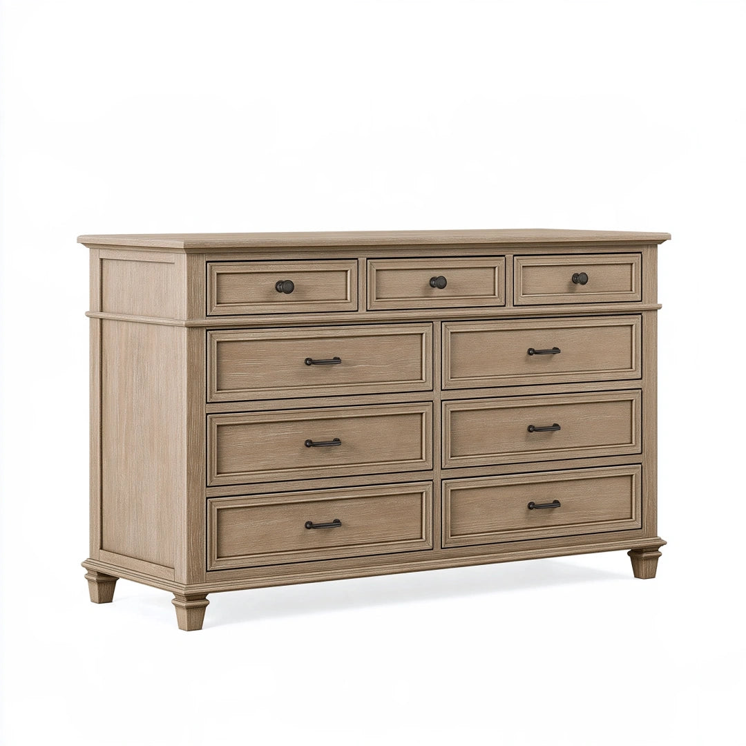 Commode 160 cm en bois beige à 9 tiroirs style classique