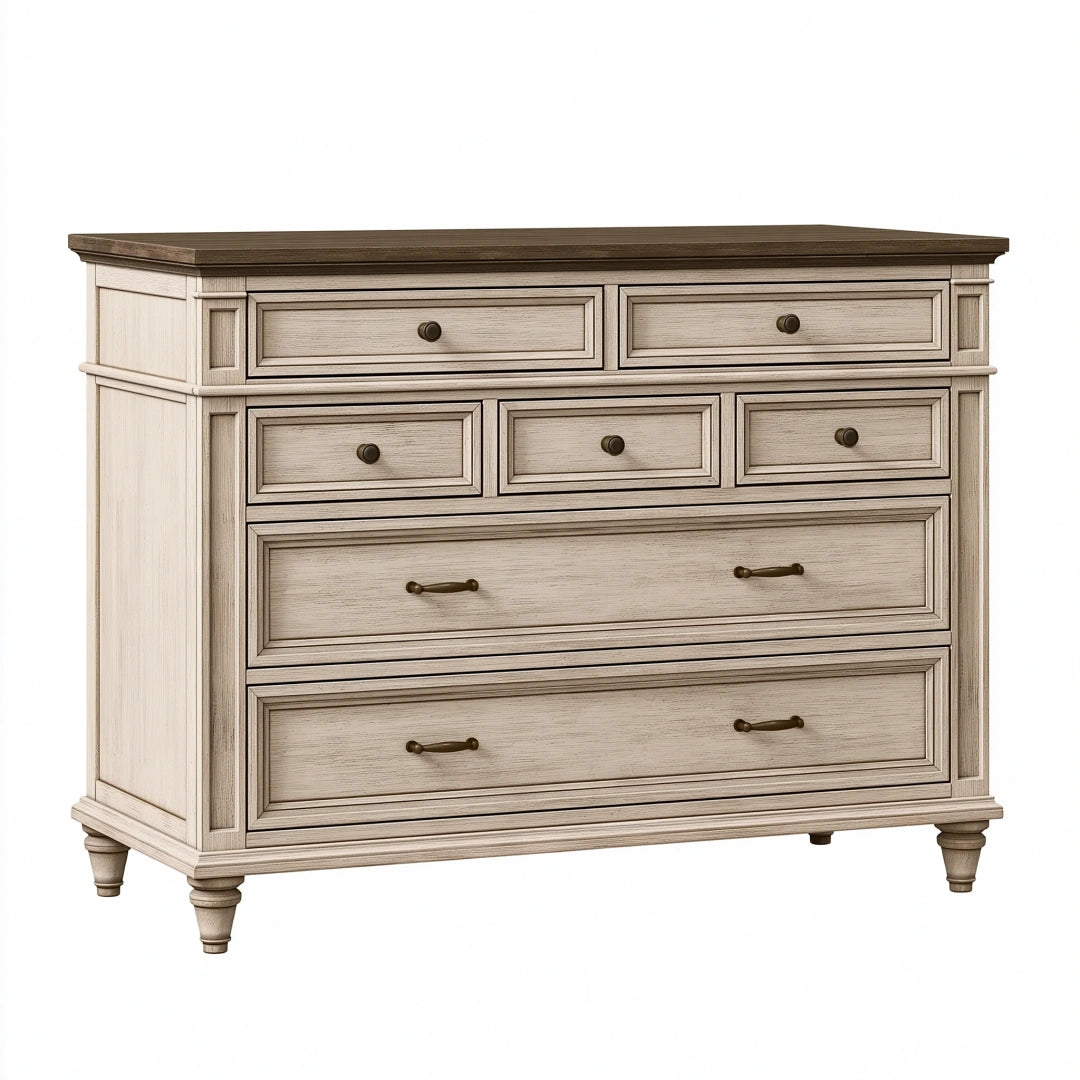 Commode 140 cm en bois beige à 7 tiroirs style classique