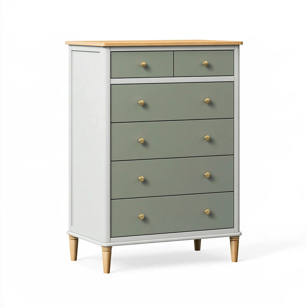 Commode 80 x 40 x 100 cm en bois vert sauge et blanc à 6 tiroirs style scandinave