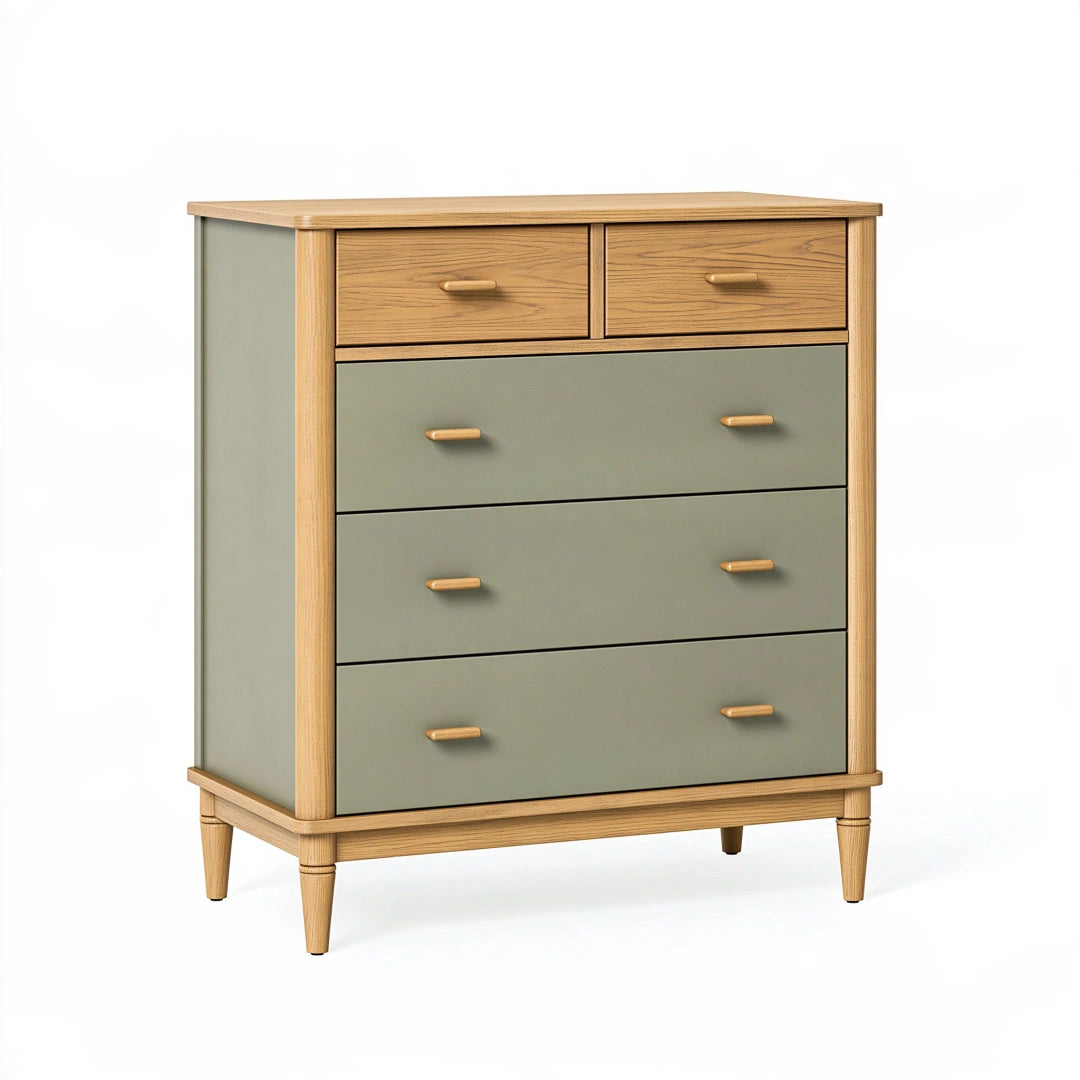 Commode 90 x 45 x 110 cm en bois vert sauge et naturel à 5 tiroirs style vintage