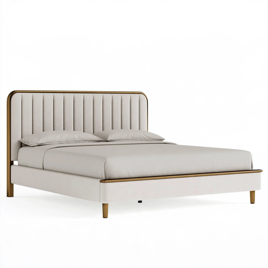 Lit 160 x 200 cm en tissu beige avec cadre métallique doré style contemporain