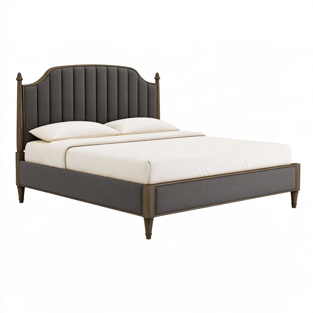 Lit double 160 x 200 cm en bois et tissu gris anthracite - tête de lit capitonnée style classique