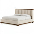Lit double 160 x 200 cm tissu beige et bois brun - tête de lit à panneaux style moderne