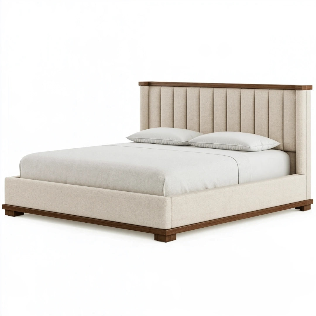 Lit double 160 x 200 cm tissu beige et bois brun - tête de lit à panneaux style moderne