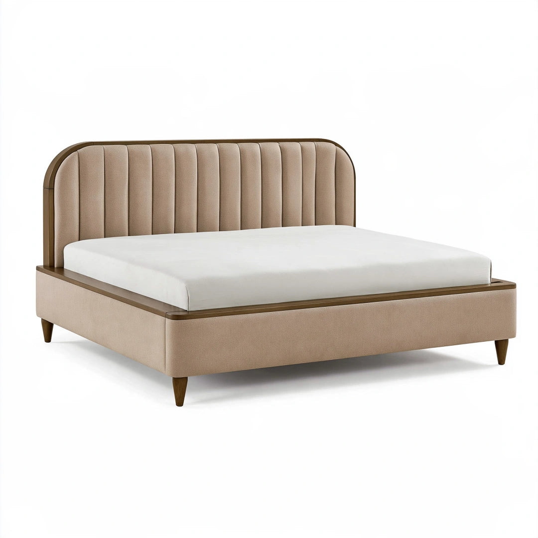 Lit double 160 x 200 cm en tissu beige avec tête de lit capitonnée style contemporain