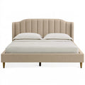 Lit double 160 x 200 cm en tissu beige capitonné - tête de lit haute