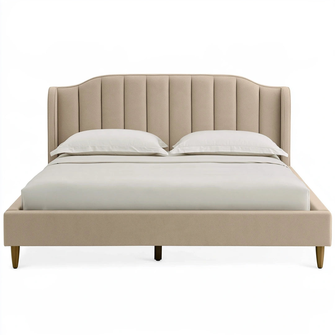 Lit double 160 x 200 cm en tissu beige capitonné - tête de lit haute