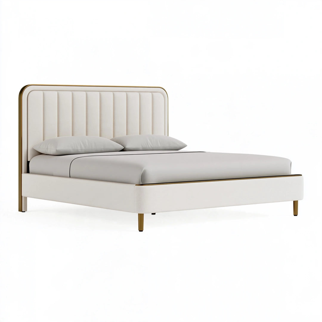 Lit double 160 x 200 cm en tissu blanc cadre doré style contemporain
