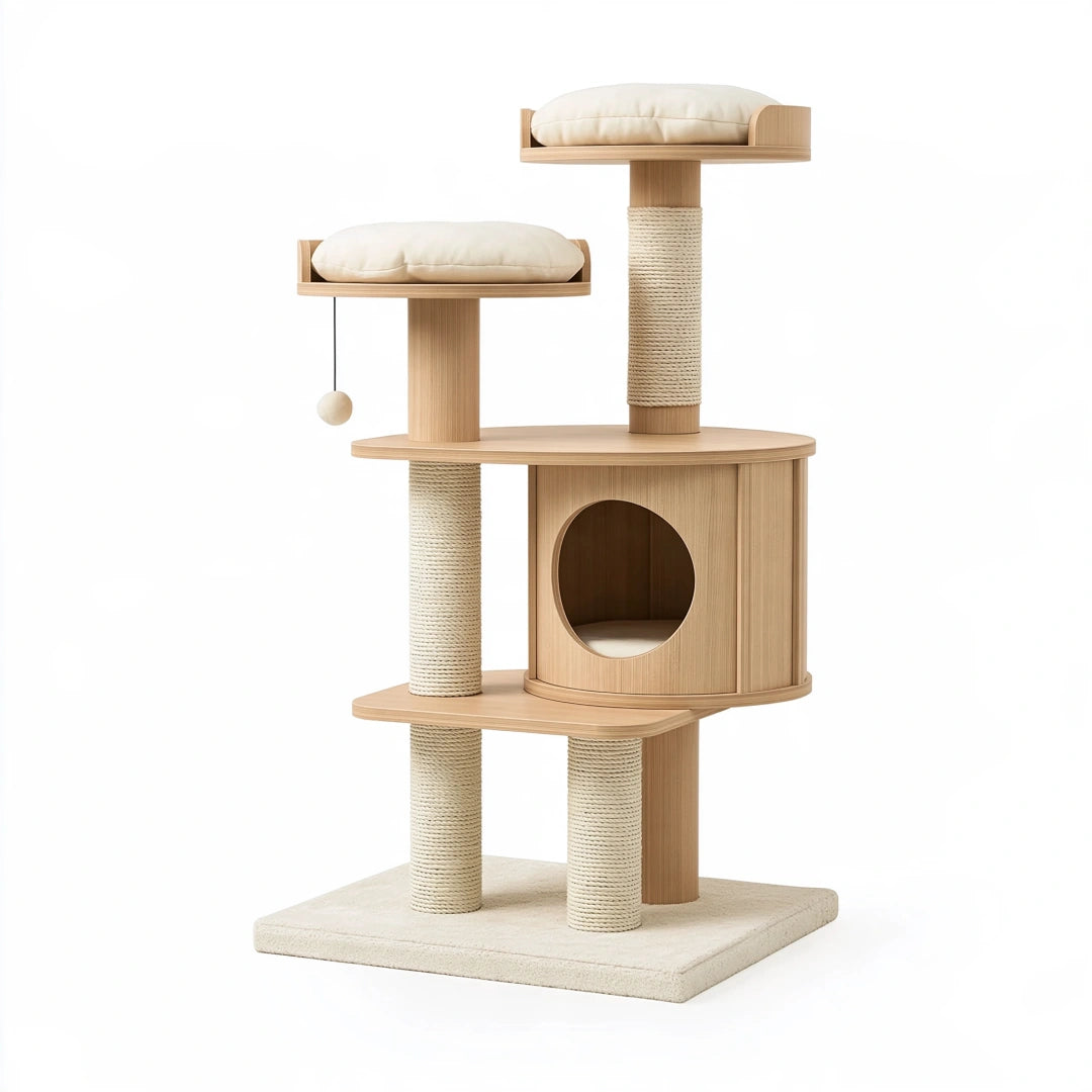 Arbre à chat 60 x 60 x 145 cm en bois naturel et sisal écru avec niche et griffoirs