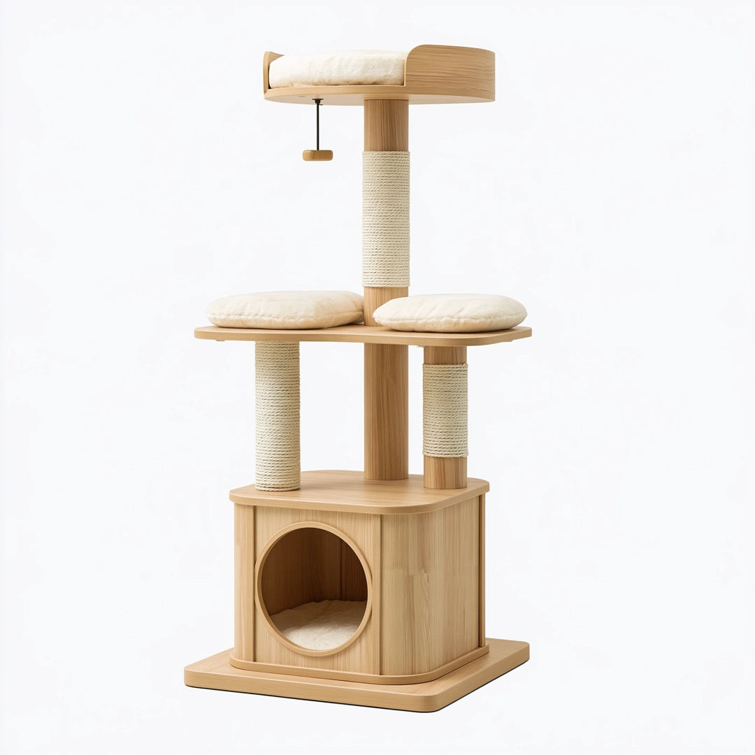 Arbre à chat 60 x 50 x 145 cm en bois beige avec griffoirs et niche
