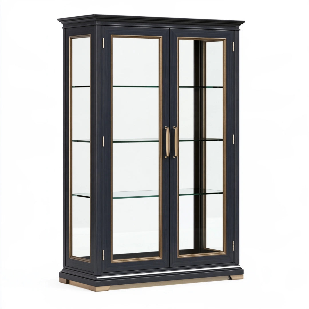 Vitrine 110 x 45 x 200 cm noire en verre et panneaux effet bois style classique à 4 portes