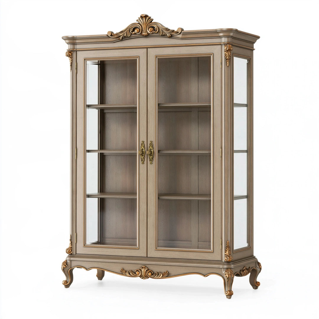 Vitrine 110 x 45 x 200 cm en bois et verre gris beige style classique à 2 portes