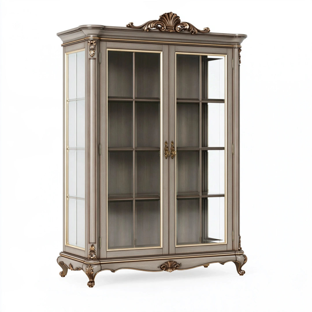 Vitrine 120 x 45 x 200 cm en bois et verre taupe brun doré classique à 2 portes