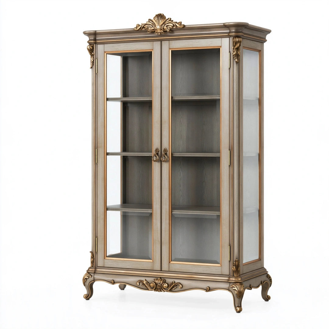Vitrine 100 x 45 x 190 cm en bois et verre gris beige doré style classique